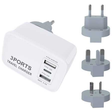מתאם חשמל בינלאומי כולל 3 יציאות USB מתאם חשמל בינלאומי כולל 3 יציאות USB